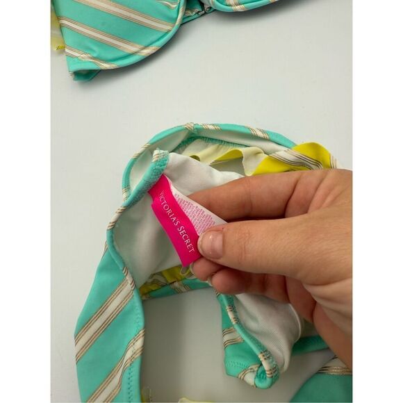 Victoria's Secret Womens Blue Metallic Striped Bandeau Padded Top Bikini Set Siz - Picture 3 of 9